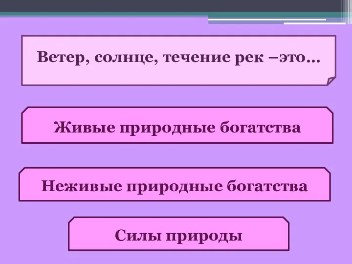 Ветер, солнце, течение рек –это… Живые природные богатства Неживые природные богатства Силы природы