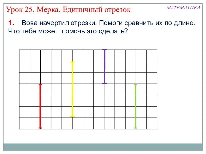 1. Вова начертил отрезки. Помоги сравнить их по длине. Что