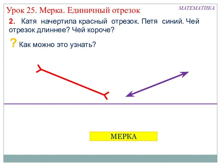 МЕРКА 2. Катя начертила красный отрезок. Петя синий. Чей отрезок