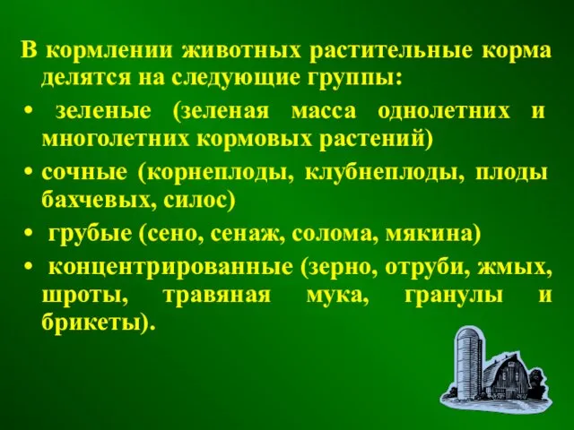 В кормлении животных растительные корма делятся на следующие группы: зеленые