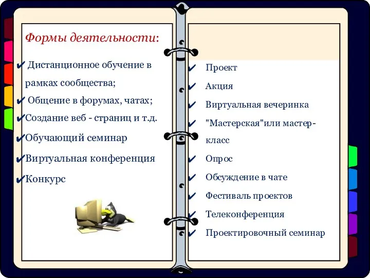 Формы деятельности: Дистанционное обучение в рамках сообщества; Общение в форумах,