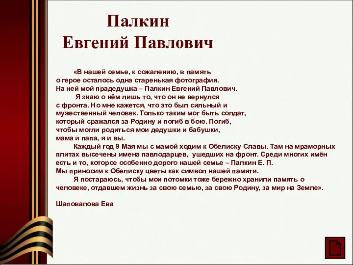 Палкин Евгений Павлович «В нашей семье, к сожалению, в память