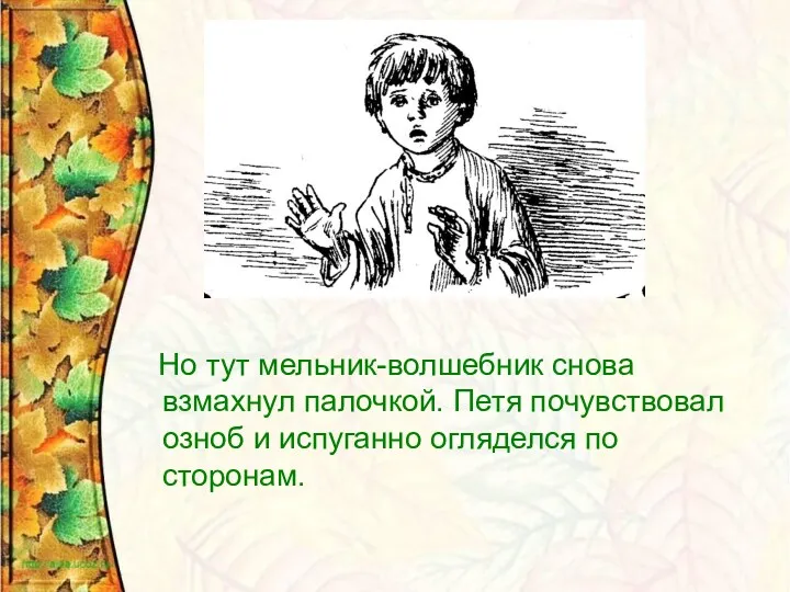 Но тут мельник-волшебник снова взмахнул палочкой. Петя почувствовал озноб и испуганно огляделся по сторонам.