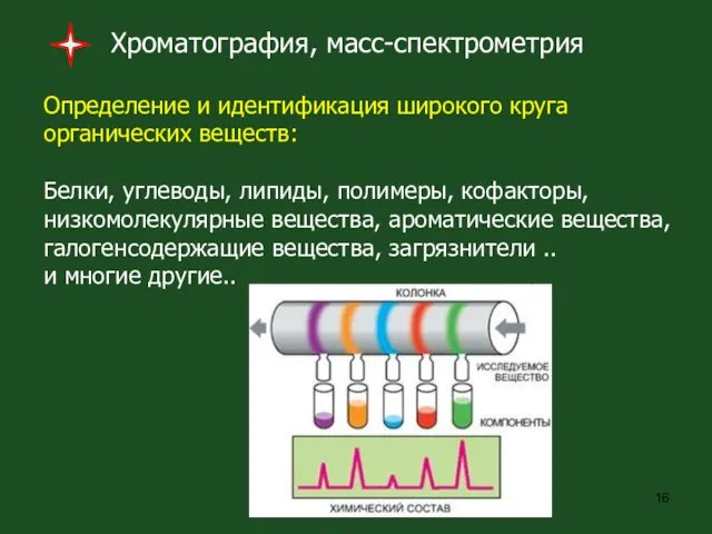 Хроматография, масс-спектрометрия Определение и идентификация широкого круга органических веществ: Белки, углеводы, липиды, полимеры,