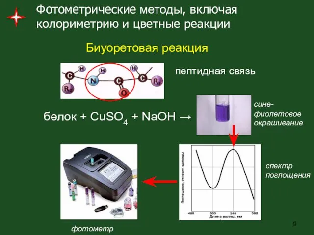 Фотометрические методы, включая колориметрию и цветные реакции пептидная связь Биуоретовая