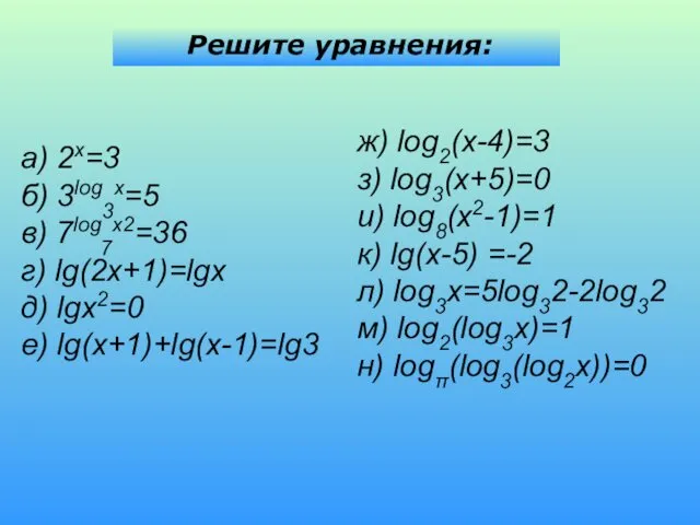 Решите уравнения: а) 2x=3 б) 3log3x=5 в) 7log7x2=36 г) lg(2x+1)=lgx