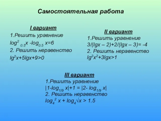 Самостоятельная работа I вариант 1.Решить уравнение log2 0.5x -log0.5 x=6