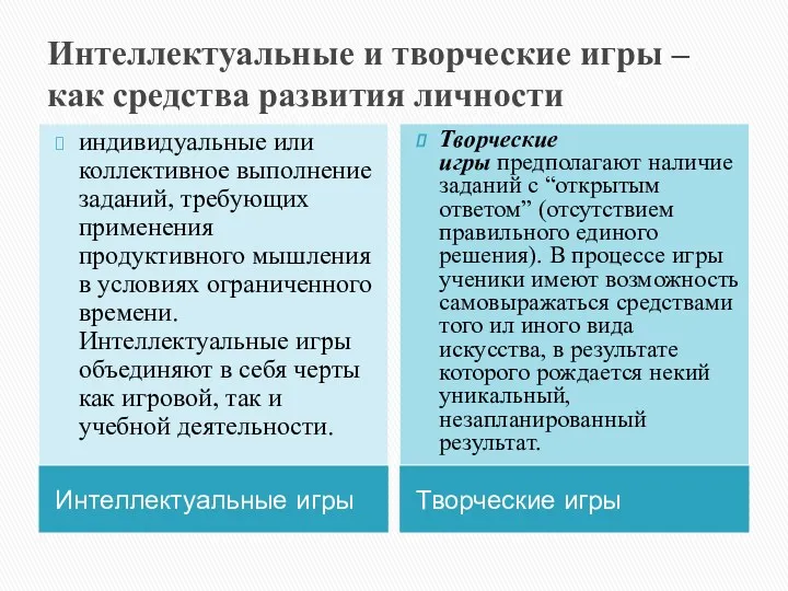 Интеллектуальные и творческие игры – как средства развития личности Интеллектуальные