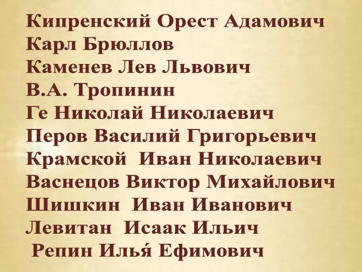 Кипренский Орест Адамович Карл Брюллов Каменев Лев Львович В.А. Тропинин