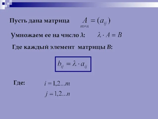 Пусть дана матрица Умножаем ее на число λ: Где каждый элемент матрицы В: Где: