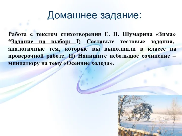 Домашнее задание: Работа с текстом стихотворения Е. П. Шумарина «Зима»