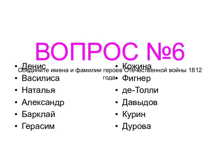 ВОПРОС №6 Соедините имена и фамилии героев Отечественной войны 1812