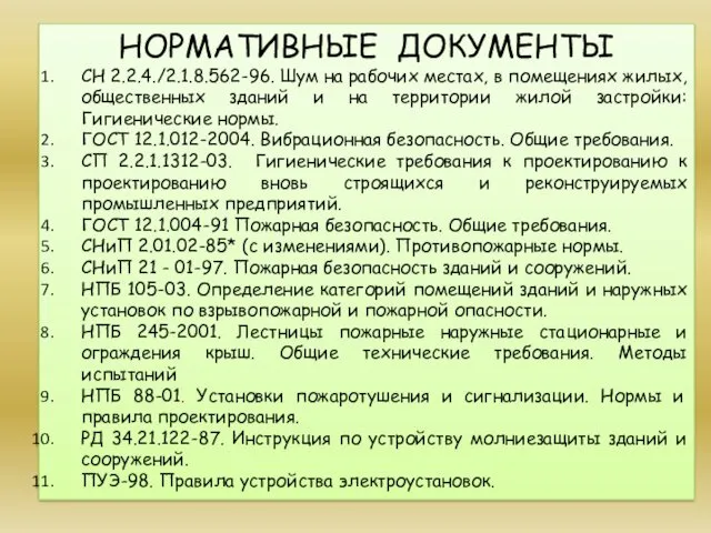 НОРМАТИВНЫЕ ДОКУМЕНТЫ СН 2.2.4./2.1.8.562-96. Шум на рабочих местах, в помещениях жилых, общественных зданий