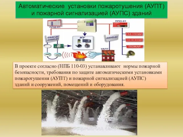 Автоматические установки пожаротушения (АУПТ) и пожарной сигнализацией (АУПС) зданий В