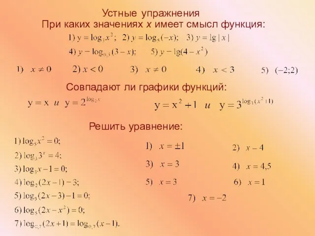 При каких значениях х имеет смысл функция: Устные упражнения Совпадают ли графики функций: Решить уравнение: