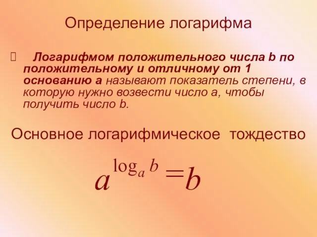 Определение логарифма Логарифмом положительного числа b по положительному и отличному