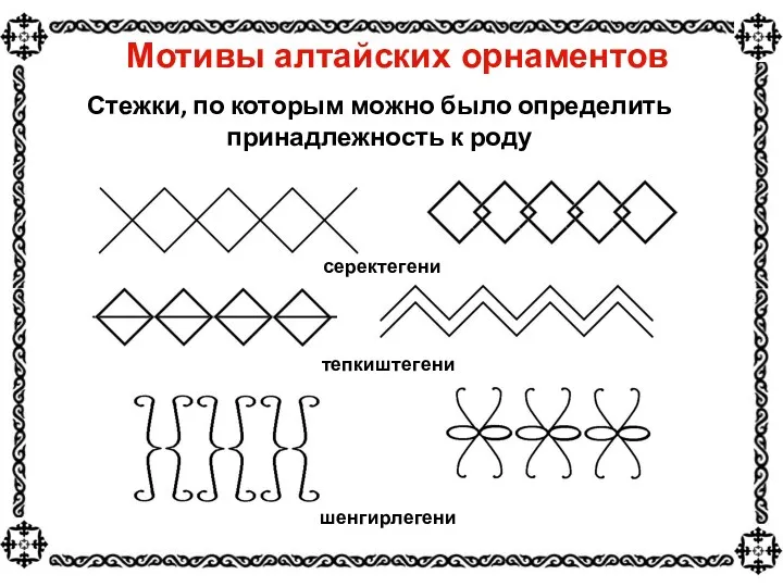 Мотивы алтайских орнаментов Стежки, по которым можно было определить принадлежность к роду серектегени тепкиштегени шенгирлегени