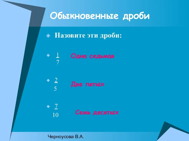 Черноусова В.А. Обыкновенные дроби Назовите эти дроби: 1 7 2