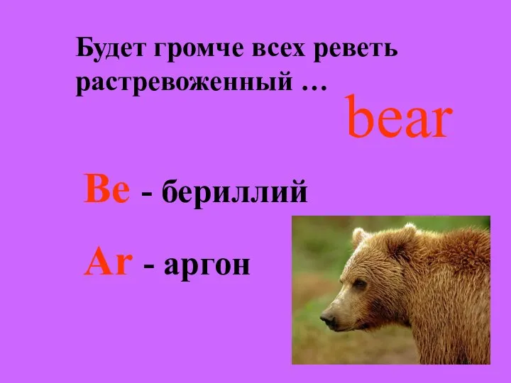 Будет громче всех реветь растревоженный … bear Be - бериллий Ar - аргон