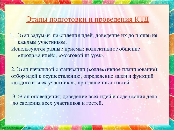 Этапы подготовки и проведения КТД Этап задумки, накопления идей, доведение