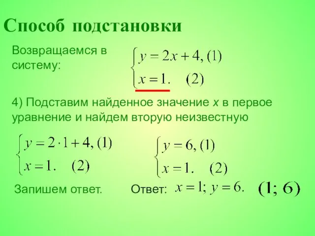 Возвращаемся в систему: Способ подстановки 4) Подставим найденное значение x