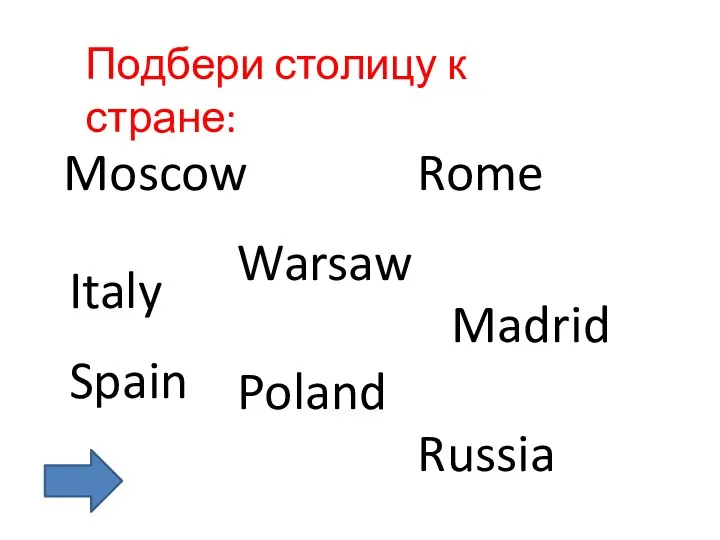 Подбери столицу к стране: Moscow Russia Rome Italy Warsaw Poland Madrid Spain