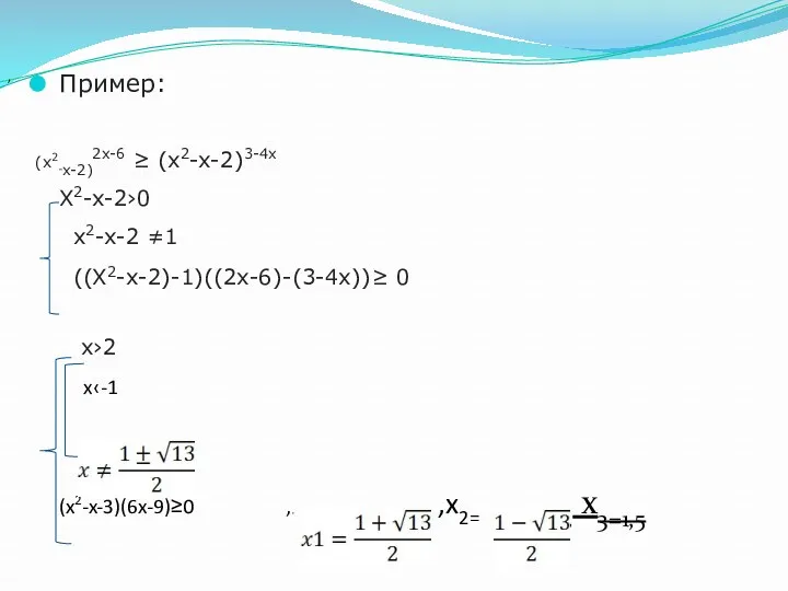 Пример: (x2-x-2)2x-6 ≥ (x2-x-2)3-4x X2-x-2›0 х2-x-2 ≠1 ((X2-x-2)-1)((2x-6)-(3-4x))≥ 0 x›2