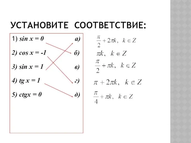 УСТАНОВИТЕ СООТВЕТСТВИЕ: 1) sin x = 0 а) 2) cos