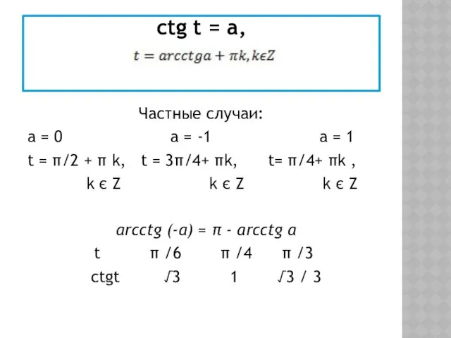 сtg t = а, Частные случаи: а = 0 а = -1 а