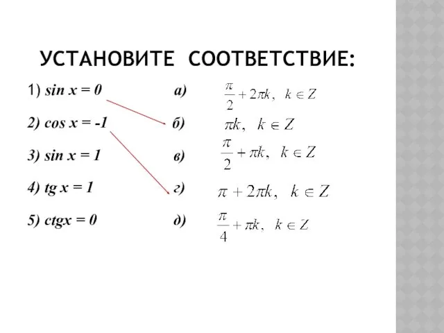 УСТАНОВИТЕ СООТВЕТСТВИЕ: 1) sin x = 0 а) 2) cos