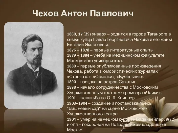 Чехов Антон Павлович 1860, 17 (29) января – родился в