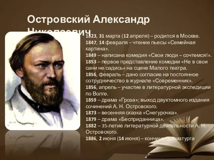 Островский Александр Николаевич 1823, 31 марта (12 апреля) – родился
