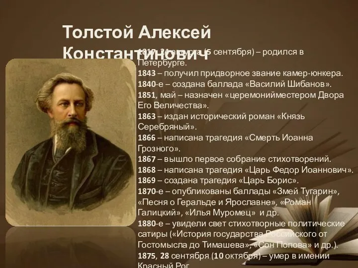 Толстой Алексей Константинович 1817, 24 августа (5 сентября) – родился