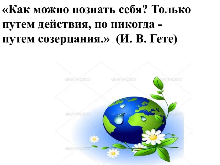 «Как можно познать себя? Только путем действия, но никогда - путем созерцания.» (И. В. Гете)