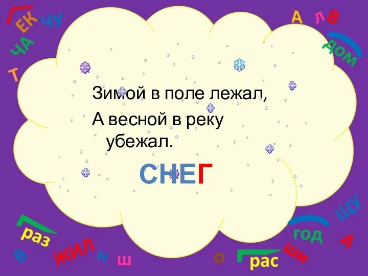 Зимой в поле лежал, А весной в реку убежал. СНЕГ