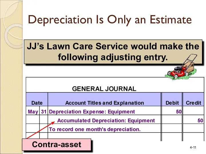 JJ’s Lawn Care Service would make the following adjusting entry. Depreciation Is Only an Estimate