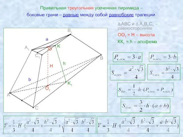 Правильная треугольная усеченная пирамида – боковые грани – равные между собой равнобокие трапеции.