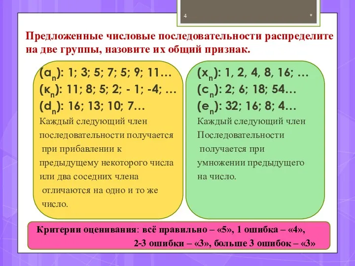 Предложенные числовые последовательности распределите на две группы, назовите их общий