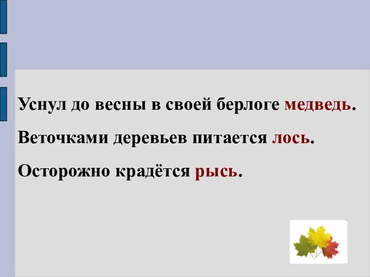 Уснул до весны в своей берлоге медведь. Веточками деревьев питается лось. Осторожно крадётся рысь.