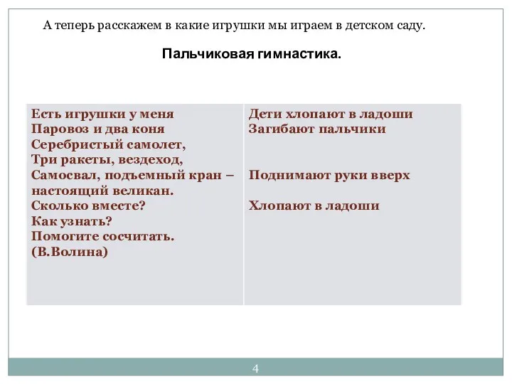 А теперь расскажем в какие игрушки мы играем в детском саду. Пальчиковая гимнастика.