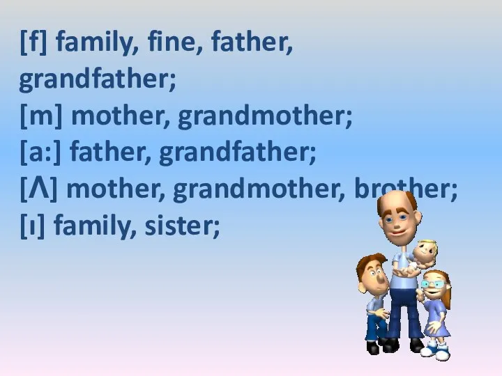 [f] family, fine, father, grandfather; [m] mother, grandmother; [a:] father,