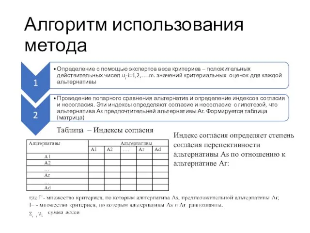 Алгоритм использования метода Таблица – Индексы согласия Индекс согласия определяет