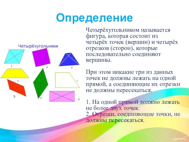 Определение Четырёхугольником называется фигура, которая состоит из четырёх точек (вершин)