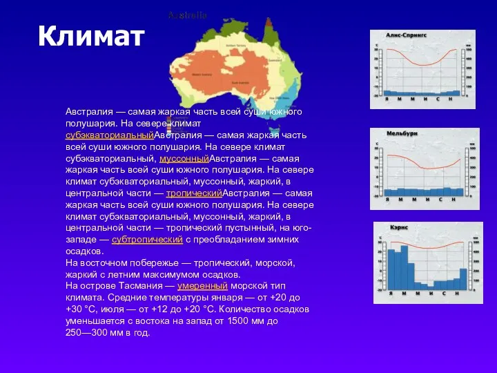 Климат Австралия — самая жаркая часть всей суши южного полушария. На севере климат