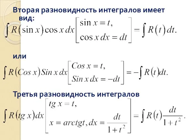 Вторая разновидность интегралов имеет вид: или Третья разновидность интегралов