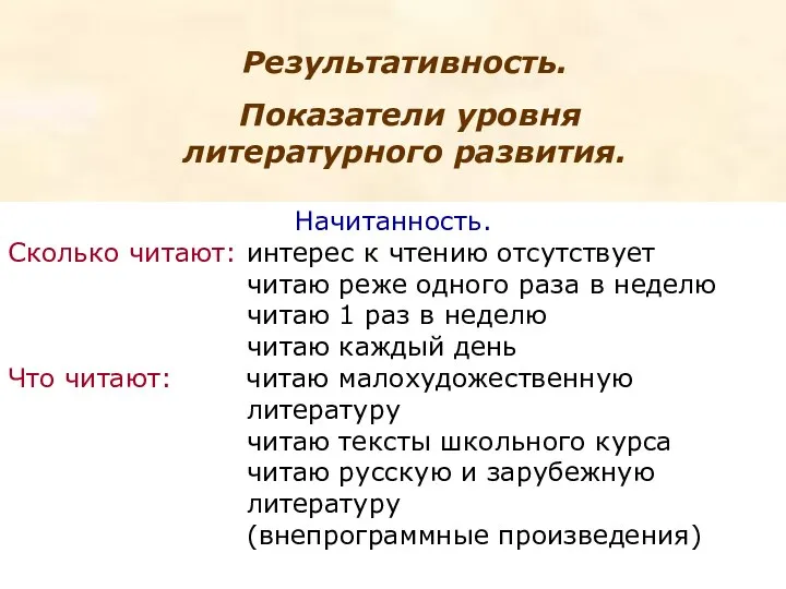 Результативность. Показатели уровня литературного развития. Начитанность. Сколько читают: интерес к