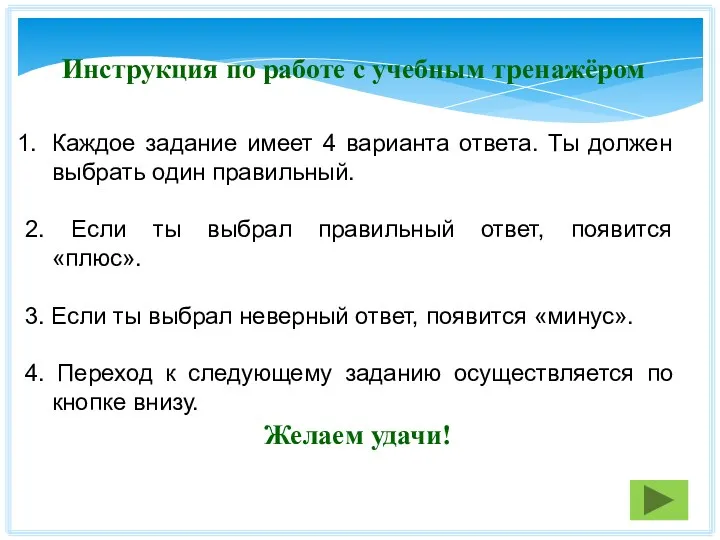 Инструкция по работе с учебным тренажёром Каждое задание имеет 4