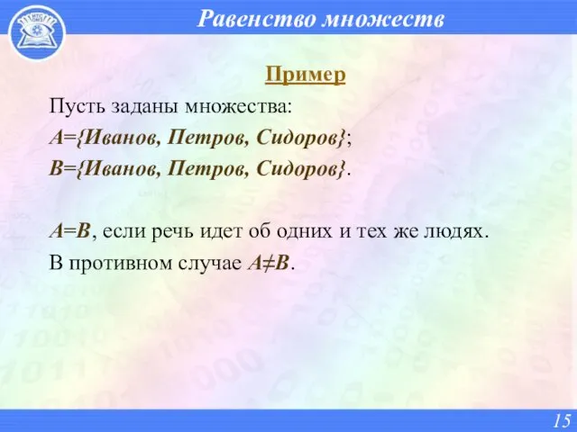 Равенство множеств Пример Пусть заданы множества: A={Иванов, Петров, Сидоров}; B={Иванов,