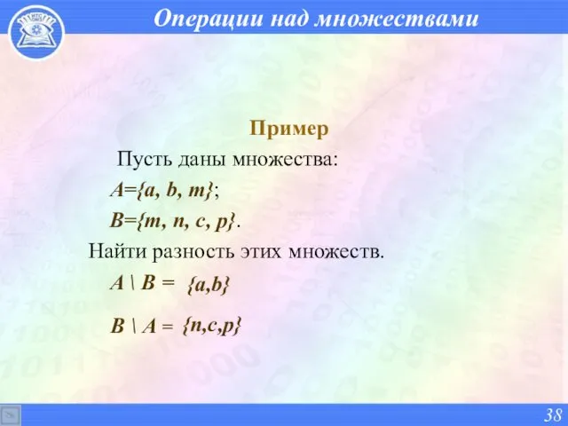 Операции над множествами Пример Пусть даны множества: А={a, b, m};