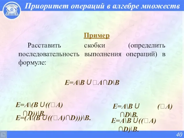 Приоритет операций в алгебре множеств Пример Расставить скобки (определить последовательность